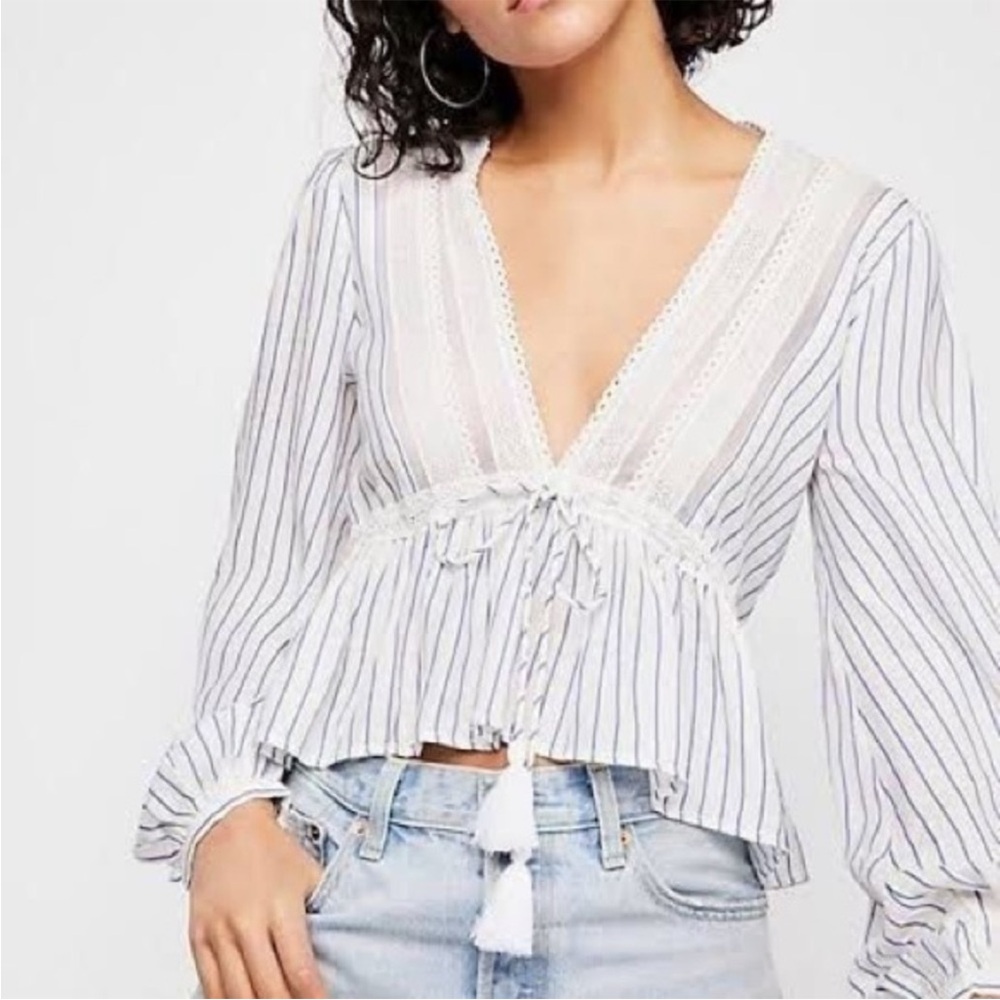 Free People | Oberoi Hippie Plunging V Neck Lace Tassel Boho Sheer Peplum Top- M - Picture 2 of 9